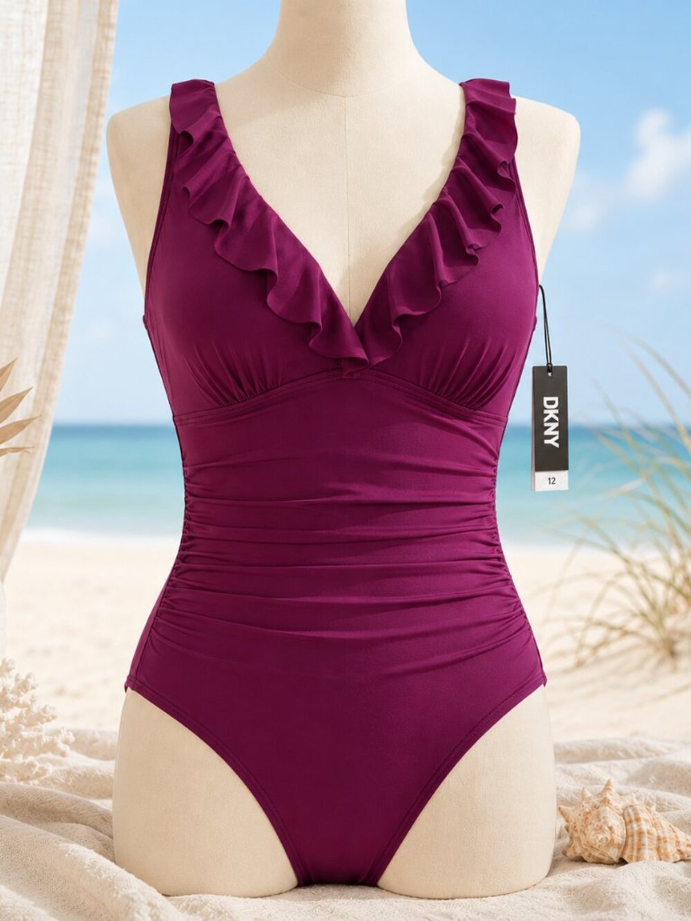 NWT DKNY Ruffle Plunge Underwire Tummy Control Swimsuit 12 Plumberry